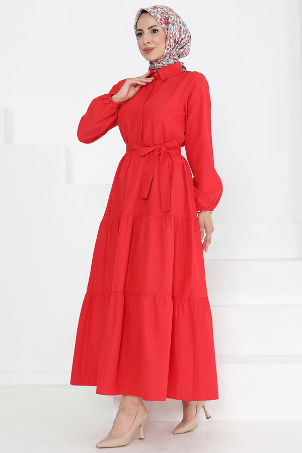 Kuşaklı Kat Kat Elbise - 27283
