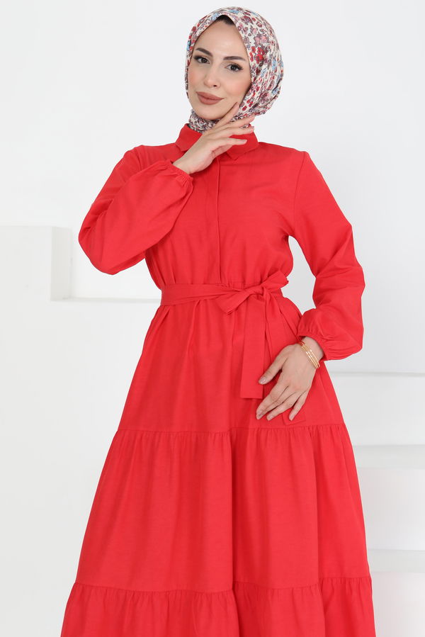 Kuşaklı Kat Kat Elbise - 27283