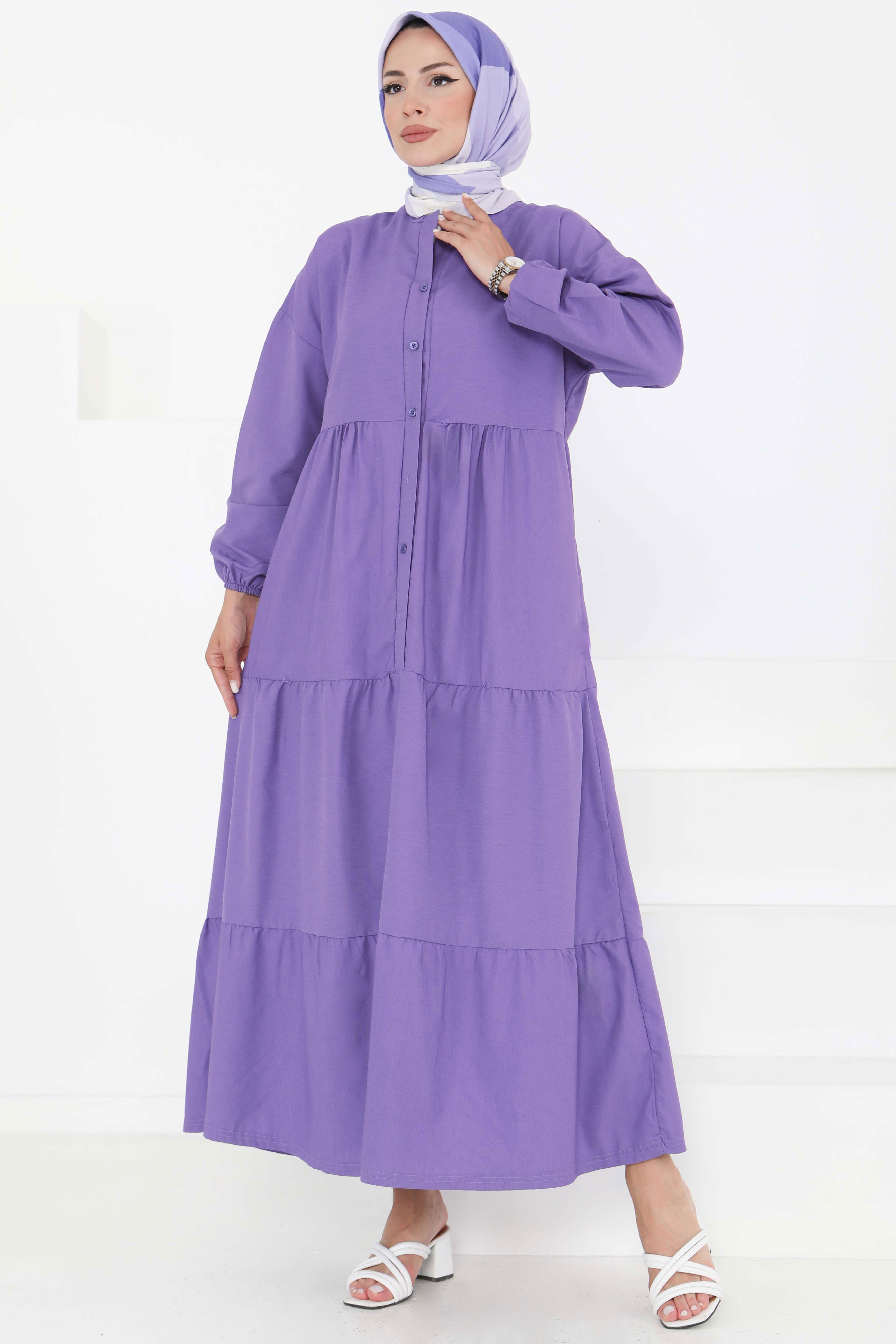 Büzgülü Pat Detaylı Elbise - 27293 LİLA