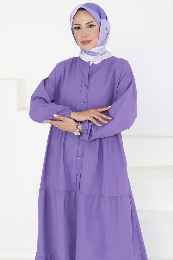 Büzgülü Pat Detaylı Elbise - 27293 LİLA