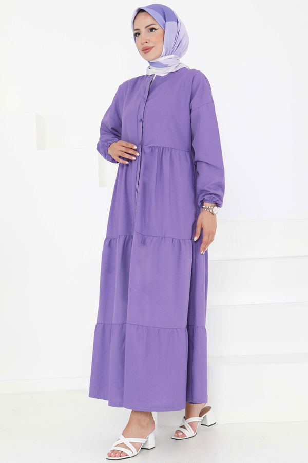 Büzgülü Pat Detaylı Elbise - 27293 LİLA