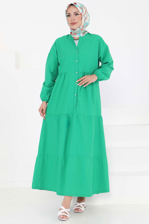 Büzgülü Pat Detaylı Elbise - 27293 YEŞİL