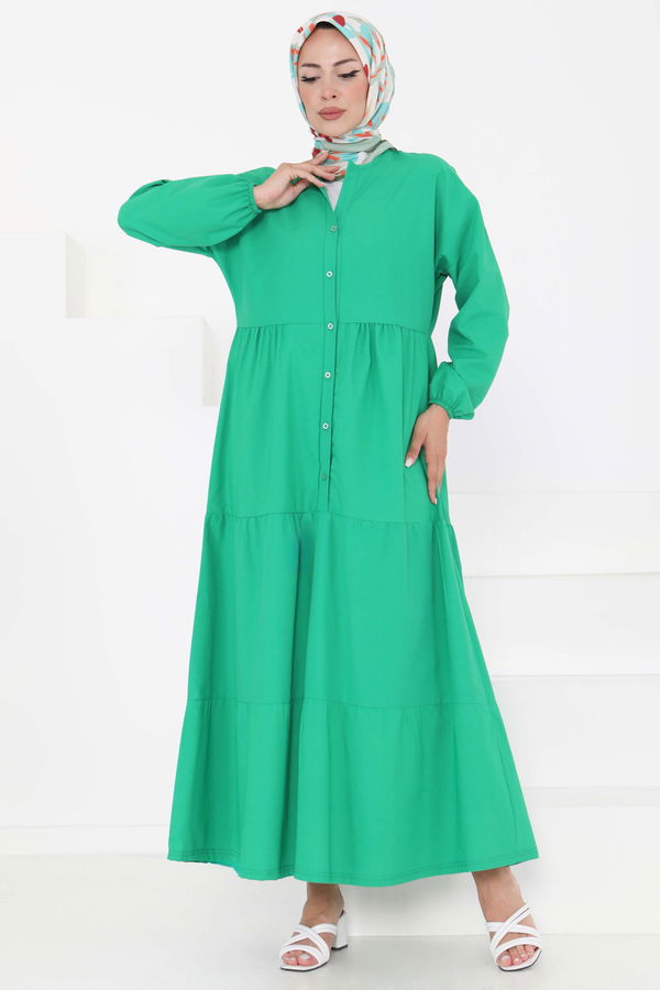 Büzgülü Pat Detaylı Elbise - 27293 YEŞİL