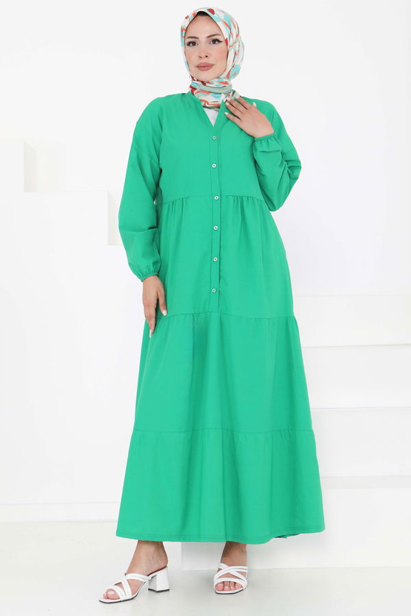 Büzgülü Pat Detaylı Elbise - 27293 YEŞİL