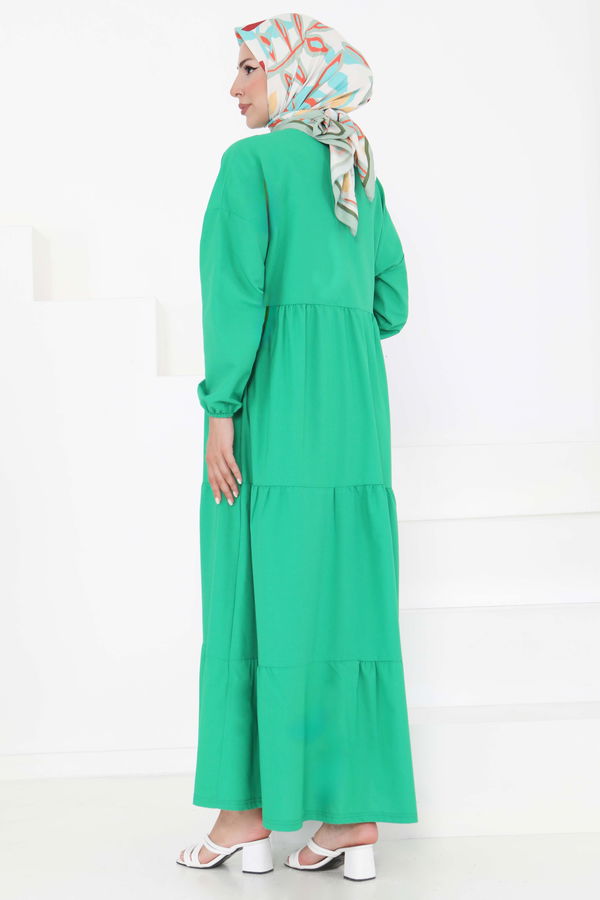 Büzgülü Pat Detaylı Elbise - 27293 YEŞİL