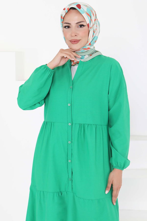 Büzgülü Pat Detaylı Elbise - 27293 YEŞİL