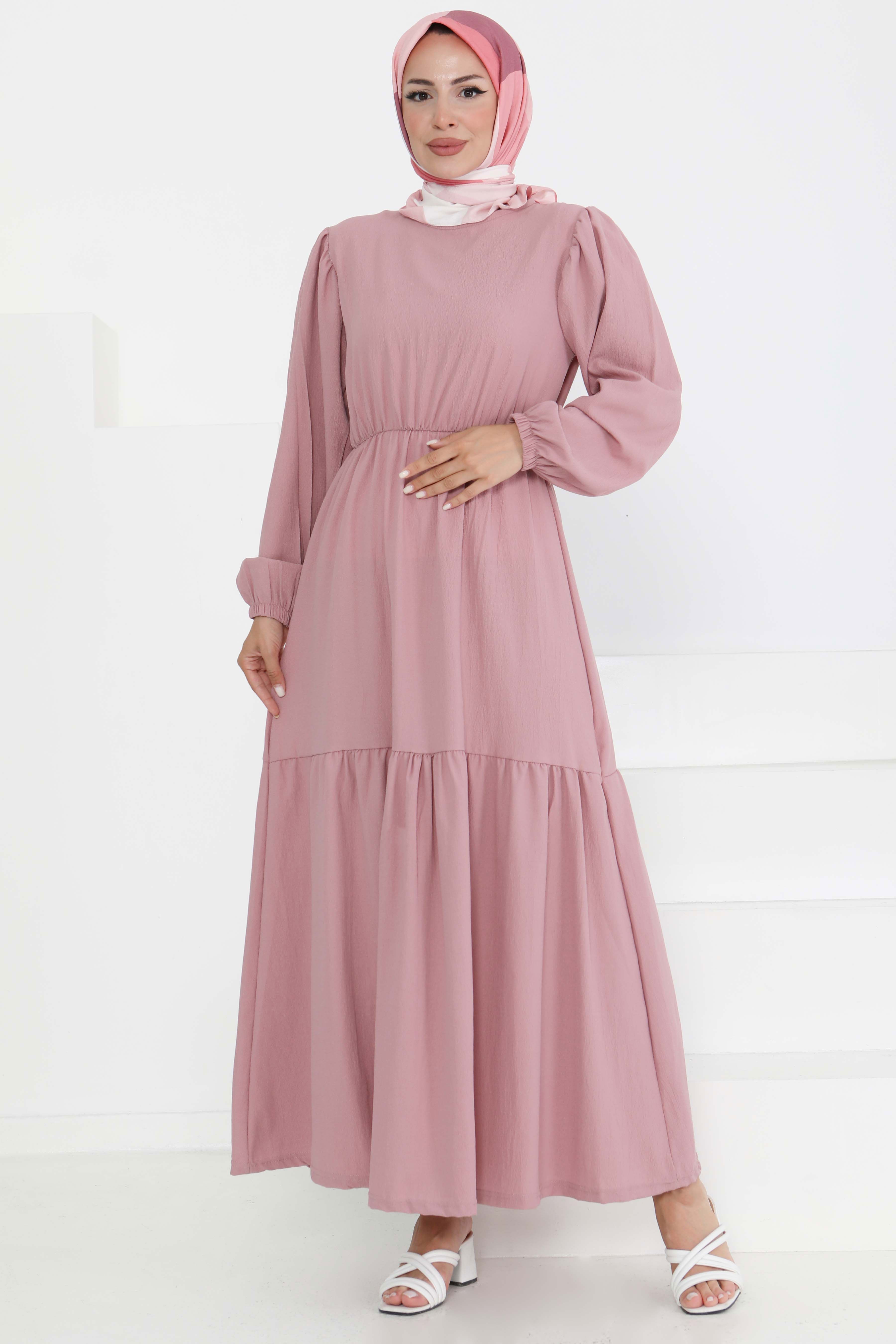 Beli Bağcıklı Elbise - 27303 PEMBE