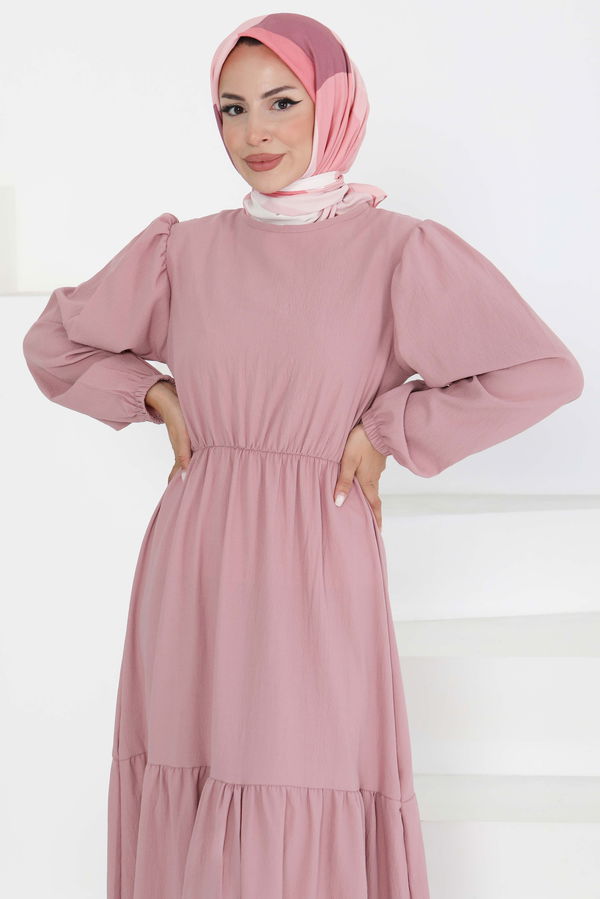 Beli Bağcıklı Elbise - 27303 PEMBE