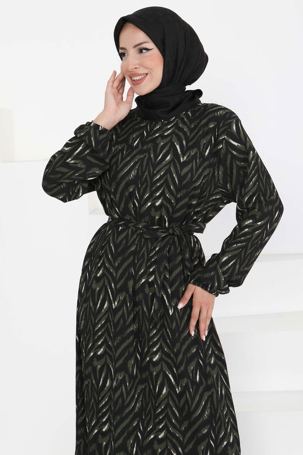Desenli Kuşaklı Elbise - 27363 HAKİ