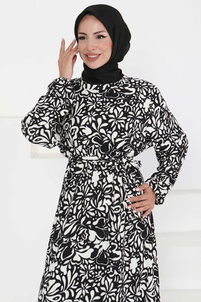 Desenli Kuşaklı Elbise - 27366