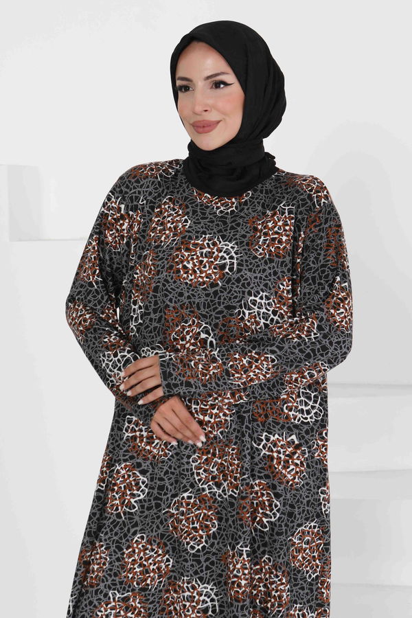 Desenli Elbise - 27368 KAHVERENGİ
