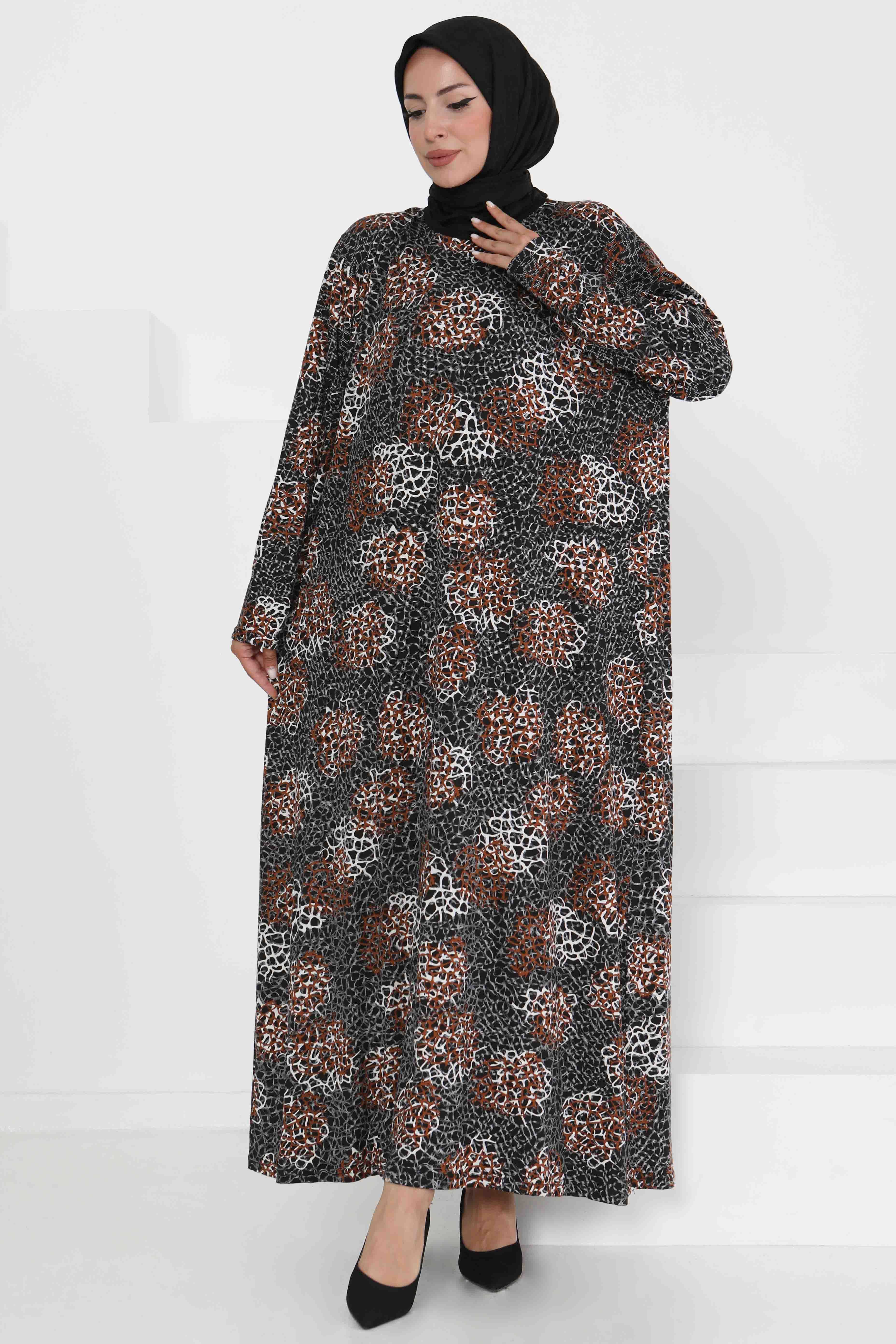 Desenli Elbise - 27368 KAHVERENGİ