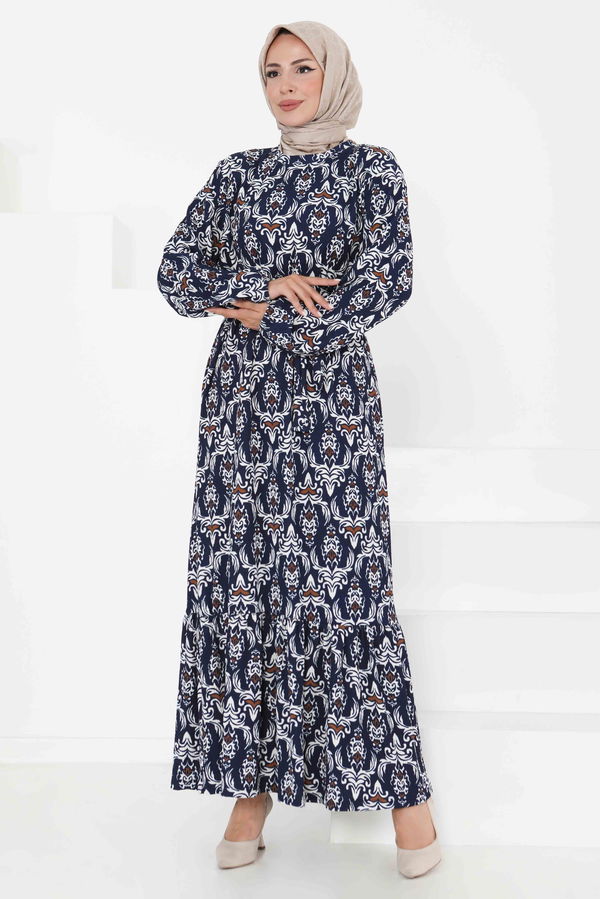 Desenli Kuşaklı Elbise - 27365 LACİVERT