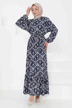 Desenli Kuşaklı Elbise - 27365