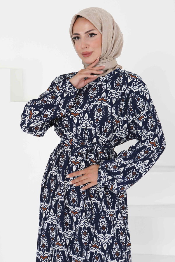 Desenli Kuşaklı Elbise - 27365 LACİVERT