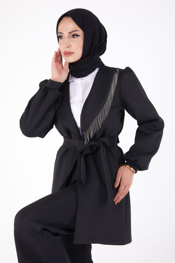 Düz Orta Kadın Siyah Zincir Detaylı İkili Takım - 26380 SİYAH