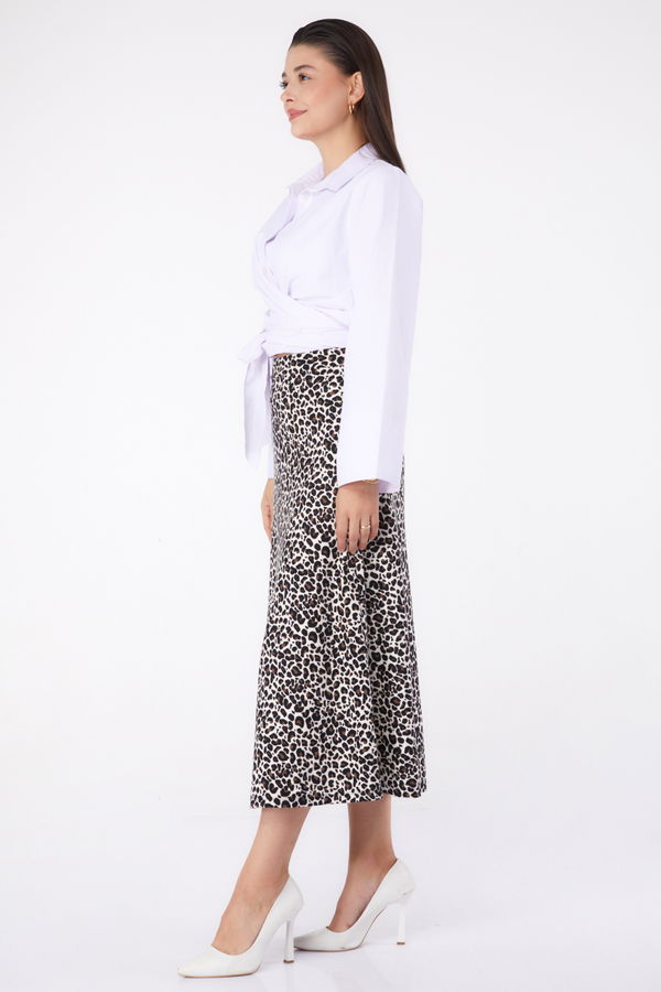 Düz Orta Kadın Ekru Leopar Desenli Etek - 26371