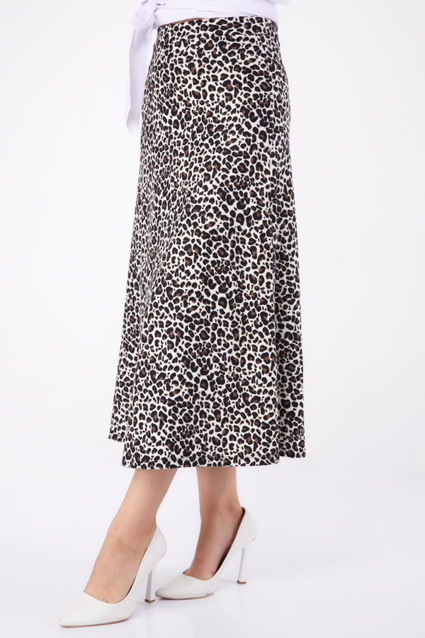 Düz Orta Kadın Ekru Leopar Desenli Etek - 26371