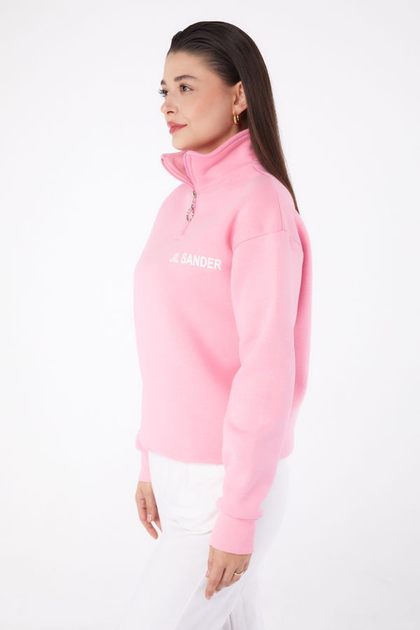 Düz Yarım Balıkçı Yaka Kadın Pembe Fermuarlı Sweatshirt - 26368
