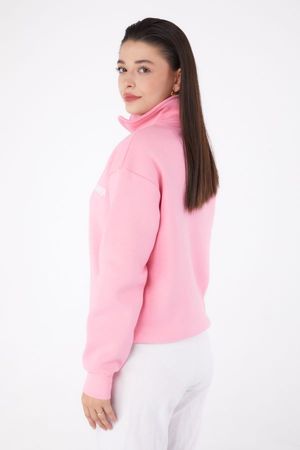 Düz Yarım Balıkçı Yaka Kadın Pembe Fermuarlı Sweatshirt - 26368