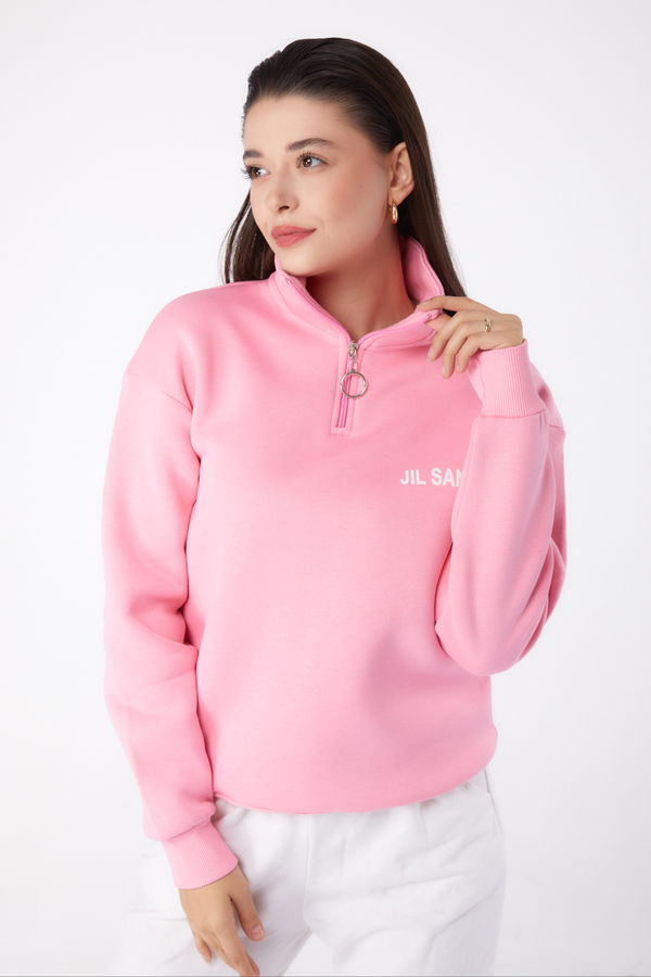 Düz Yarım Balıkçı Yaka Kadın Pembe Fermuarlı Sweatshirt - 26368