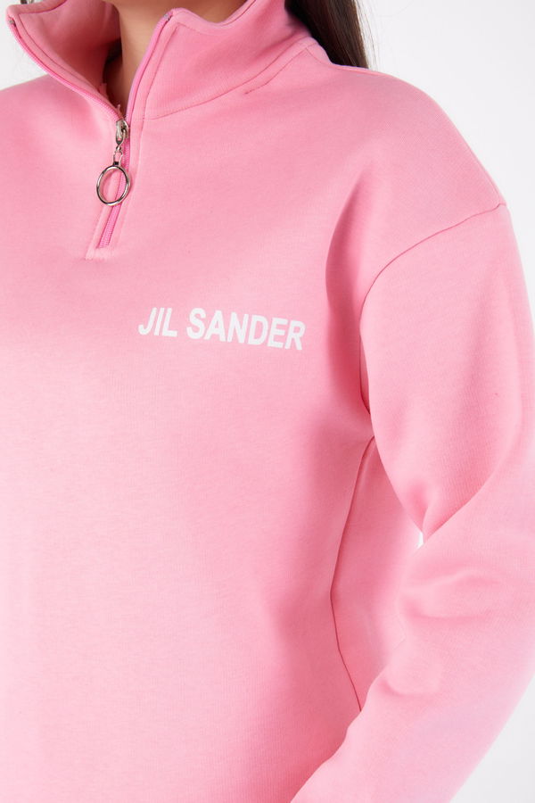 Düz Yarım Balıkçı Yaka Kadın Pembe Fermuarlı Sweatshirt - 26368