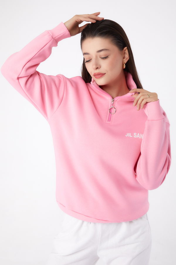 Düz Yarım Balıkçı Yaka Kadın Pembe Fermuarlı Sweatshirt - 26368