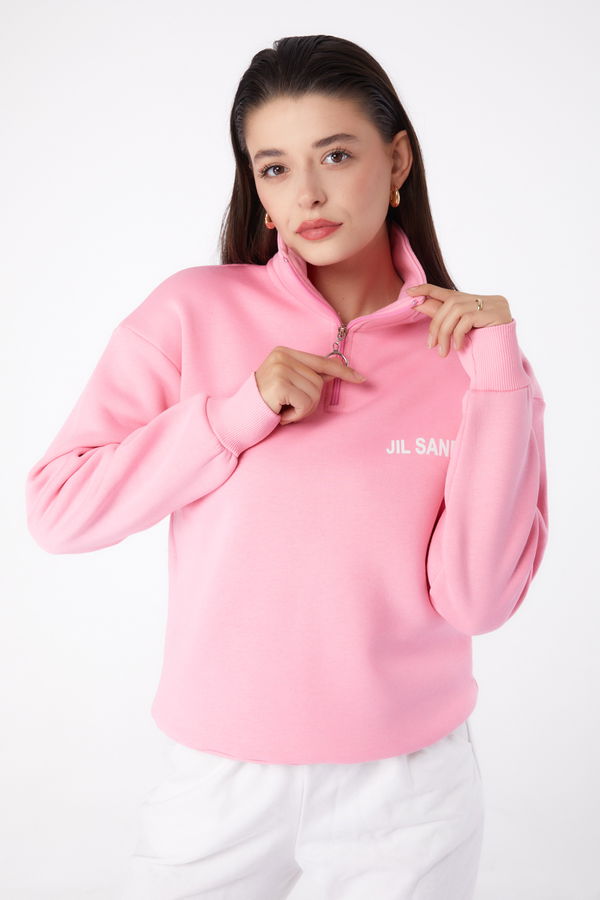 Düz Yarım Balıkçı Yaka Kadın Pembe Fermuarlı Sweatshirt - 26368