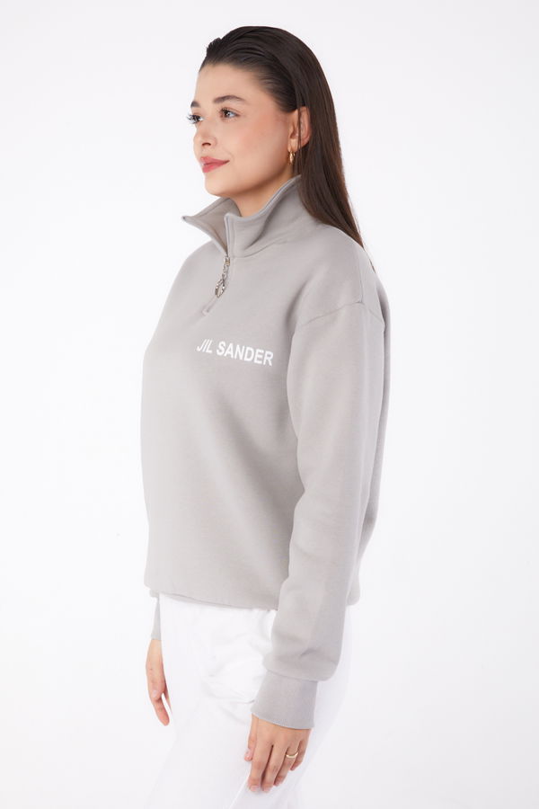 Düz Yarım Balıkçı Yaka Kadın Gri Fermuarlı Sweatshirt - 26368