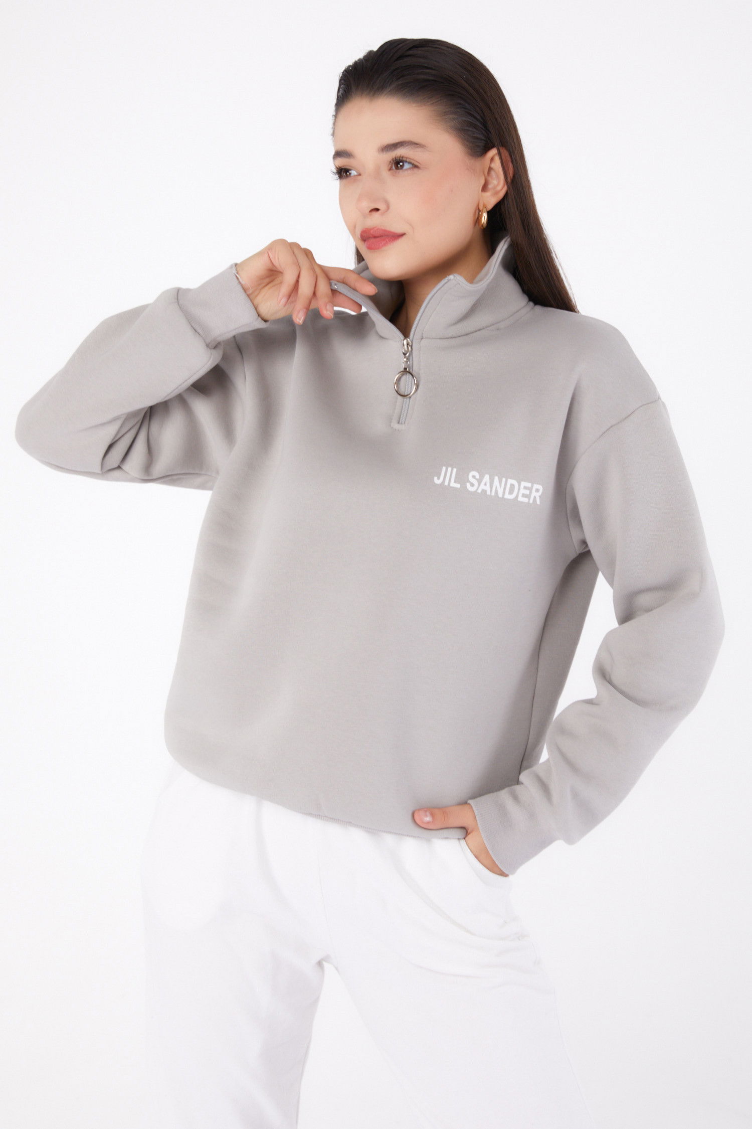Düz Yarım Balıkçı Yaka Kadın Gri Fermuarlı Sweatshirt - 26368