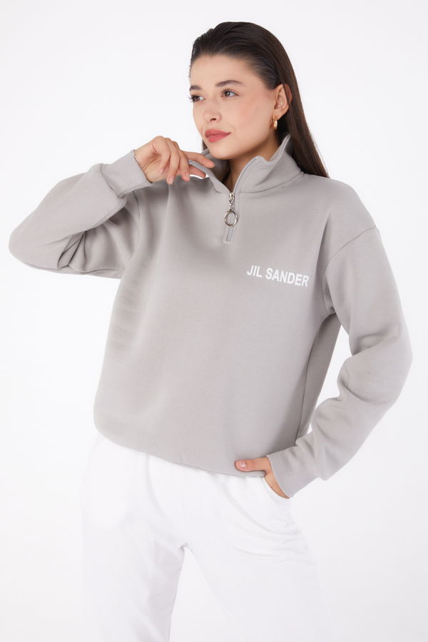 Düz Yarım Balıkçı Yaka Kadın Gri Fermuarlı Sweatshirt - 26368