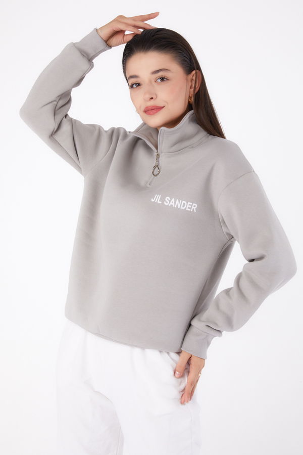 Düz Yarım Balıkçı Yaka Kadın Gri Fermuarlı Sweatshirt - 26368