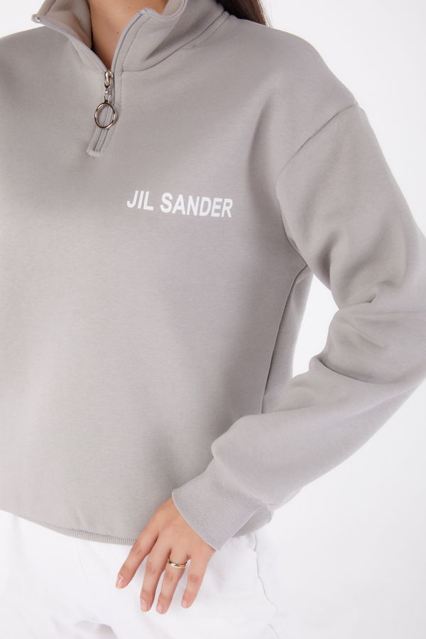 Düz Yarım Balıkçı Yaka Kadın Gri Fermuarlı Sweatshirt - 26368