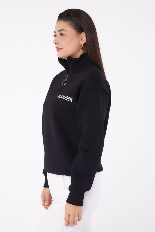 Düz Yarım Balıkçı Yaka Kadın Siyah Fermuarlı Sweatshirt - 26368
