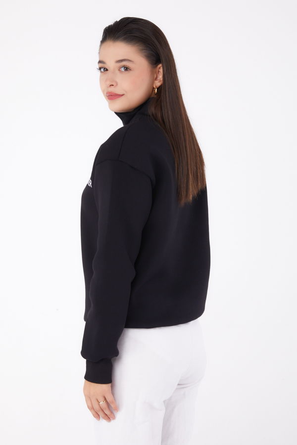 Düz Yarım Balıkçı Yaka Kadın Siyah Fermuarlı Sweatshirt - 26368