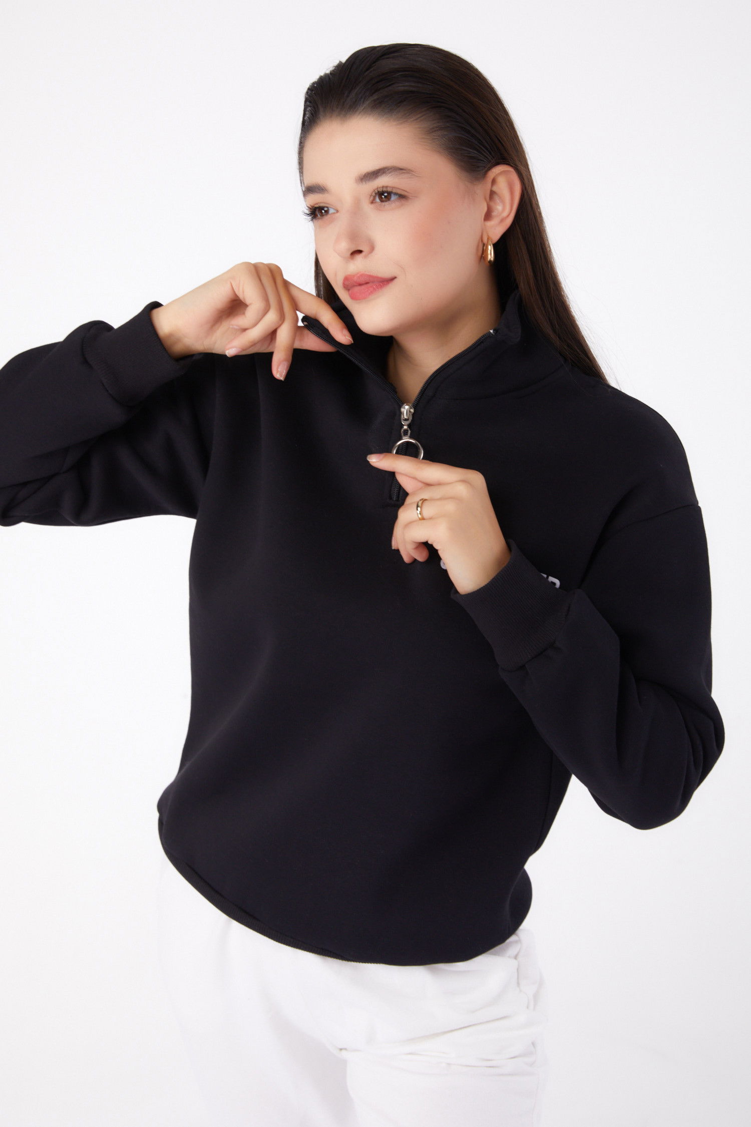 Düz Yarım Balıkçı Yaka Kadın Siyah Fermuarlı Sweatshirt - 26368