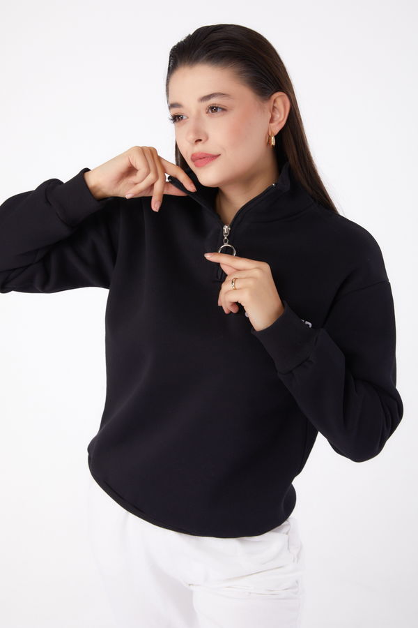 Düz Yarım Balıkçı Yaka Kadın Siyah Fermuarlı Sweatshirt - 26368