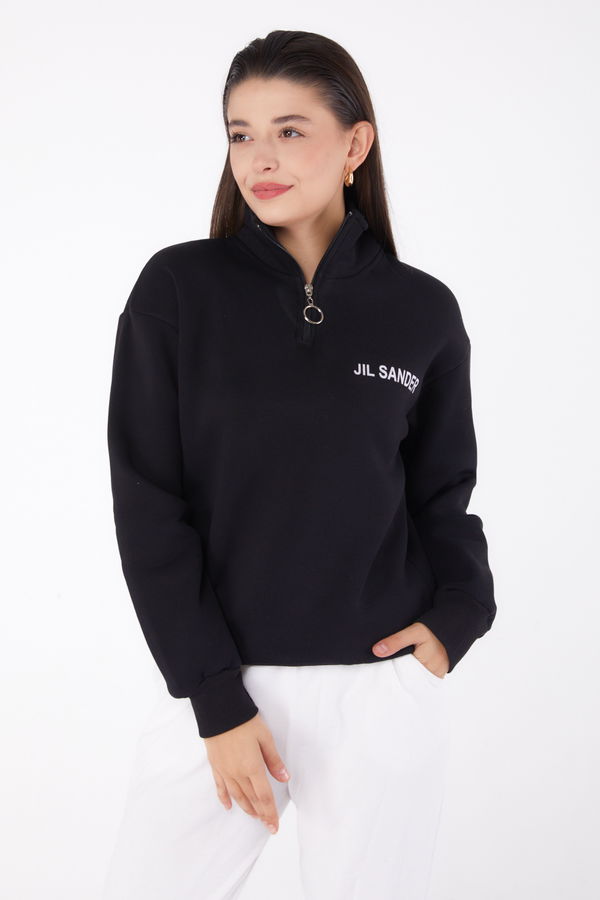 Düz Yarım Balıkçı Yaka Kadın Siyah Fermuarlı Sweatshirt - 26368
