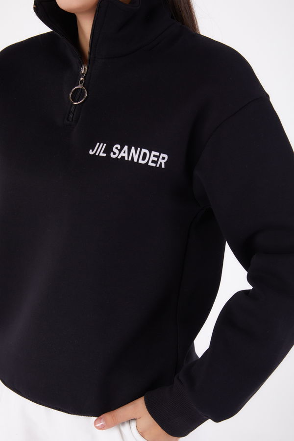 Düz Yarım Balıkçı Yaka Kadın Siyah Fermuarlı Sweatshirt - 26368