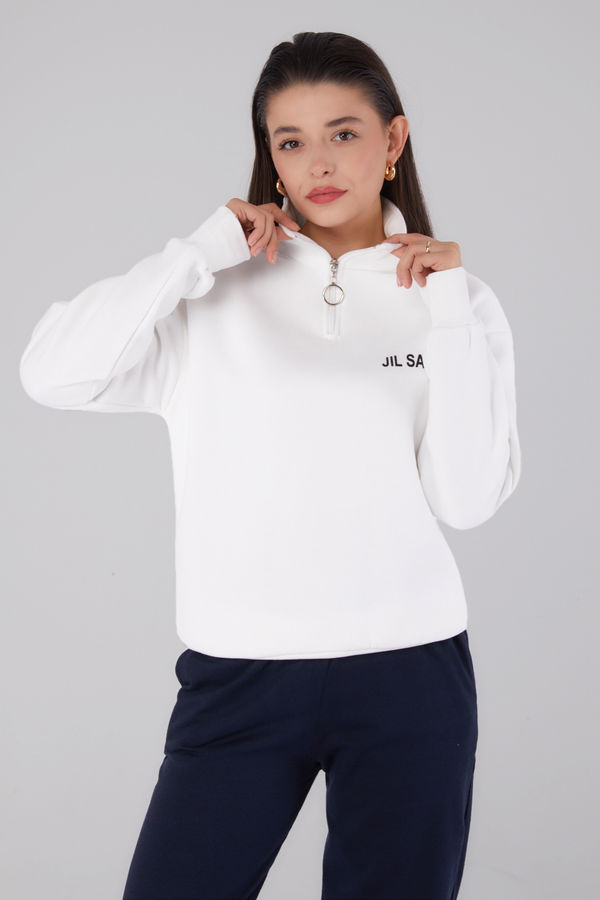 Düz Yarım Balıkçı Yaka Kadın Beyaz Fermuarlı Sweatshirt - 26368 BEYAZ