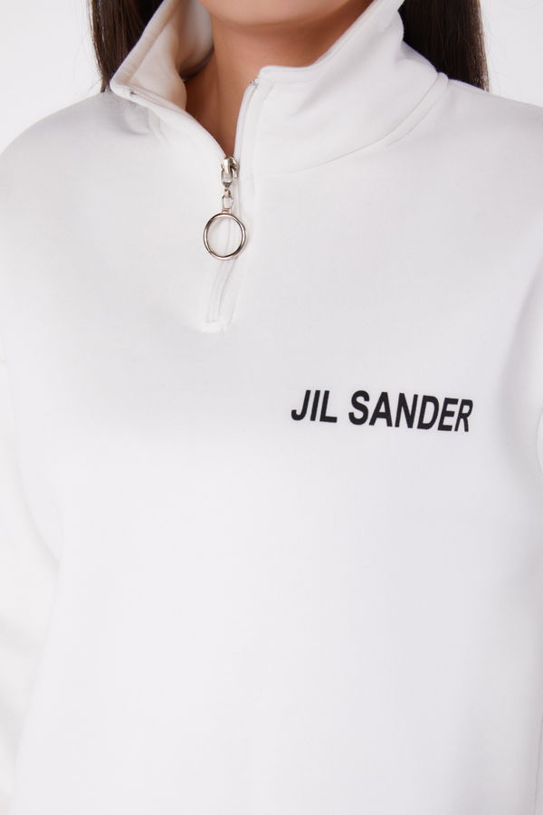 Düz Yarım Balıkçı Yaka Kadın Beyaz Fermuarlı Sweatshirt - 26368 BEYAZ