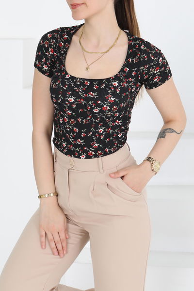 Oval Yaka Çiçek Desenli Bluz - 27279
