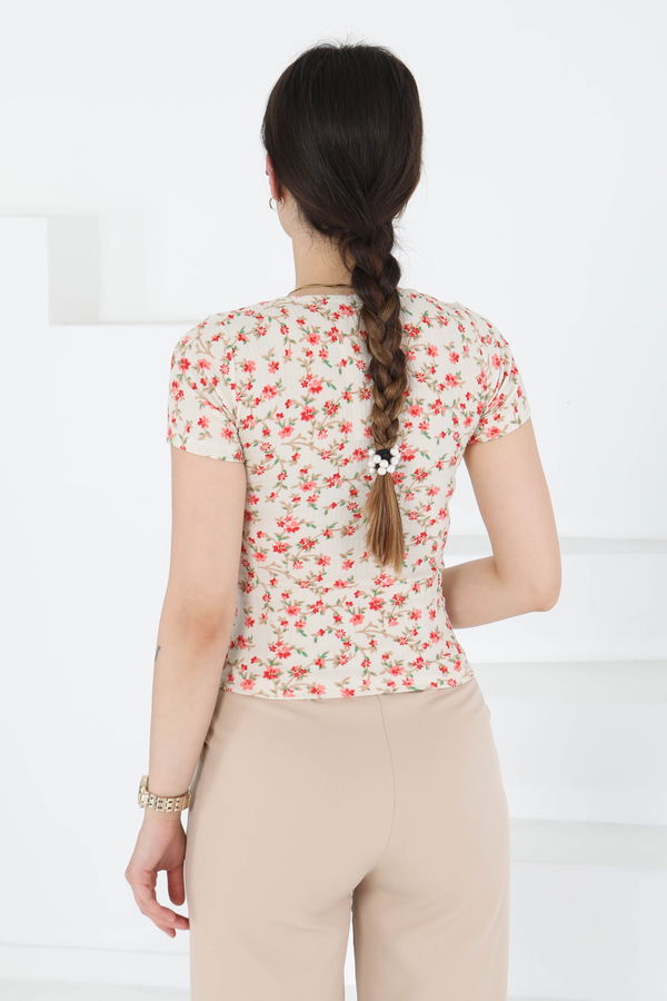 Oval Yaka Çiçek Desenli Bluz - 27279