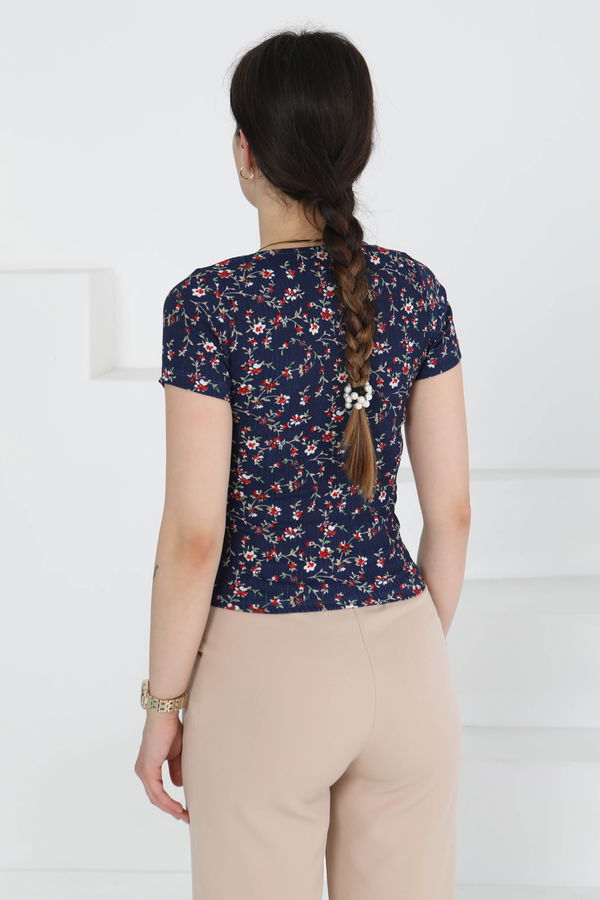 Oval Yaka Çiçek Desenli Bluz - 27279