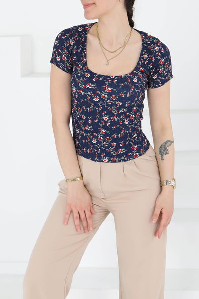 Oval Yaka Çiçek Desenli Bluz - 27279