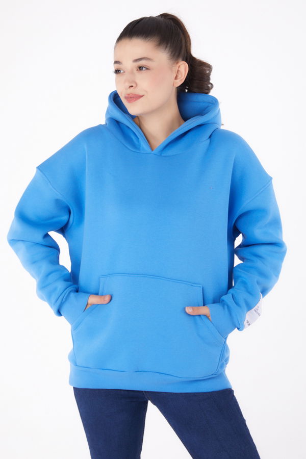 Düz Kapşonlu Yaka Kadın Mavi Kapşonlu Sweat  - 26219 MAVİ