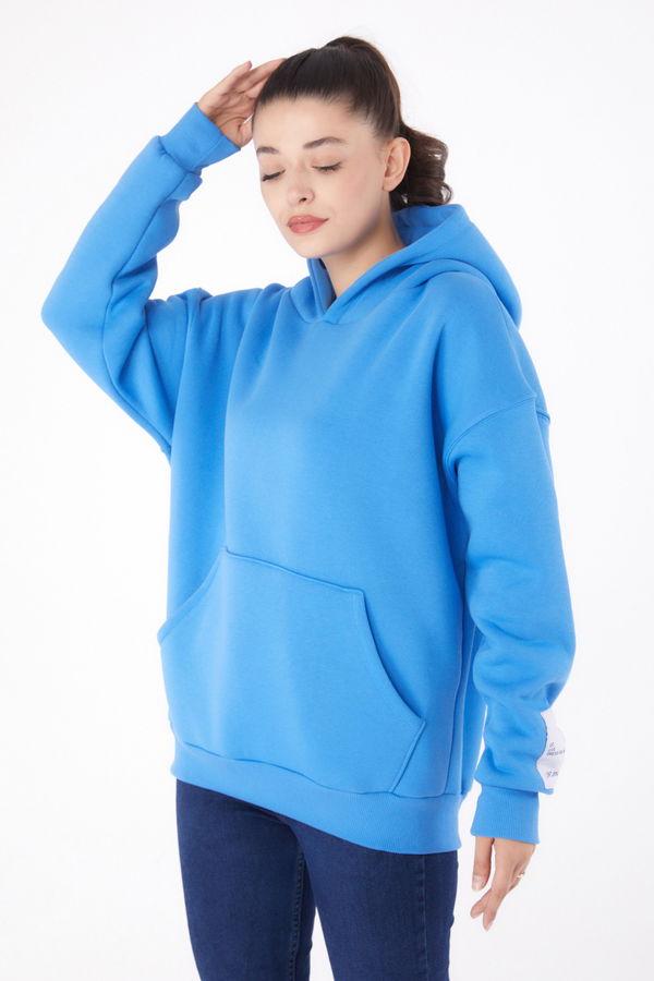 Düz Kapşonlu Yaka Kadın Mavi Kapşonlu Sweat  - 26219 MAVİ