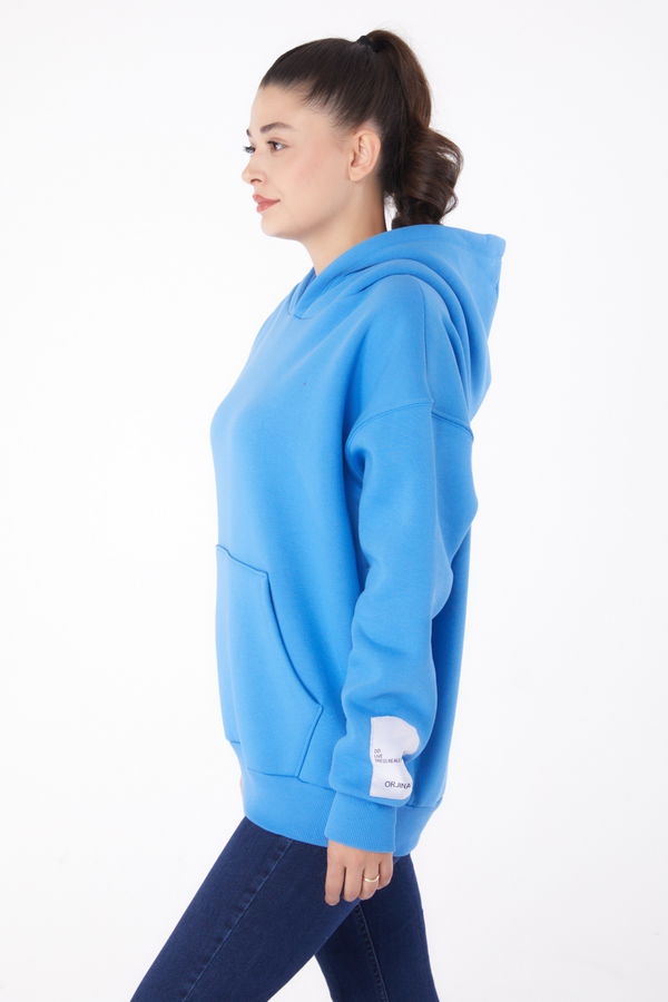 Düz Kapşonlu Yaka Kadın Mavi Kapşonlu Sweat  - 26219 MAVİ