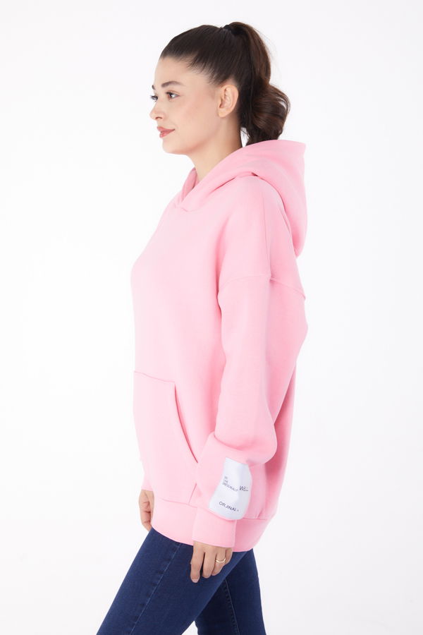 Düz Kapşonlu Yaka Kadın Pembe Kapşonlu Sweat  - 26219 PEMBE