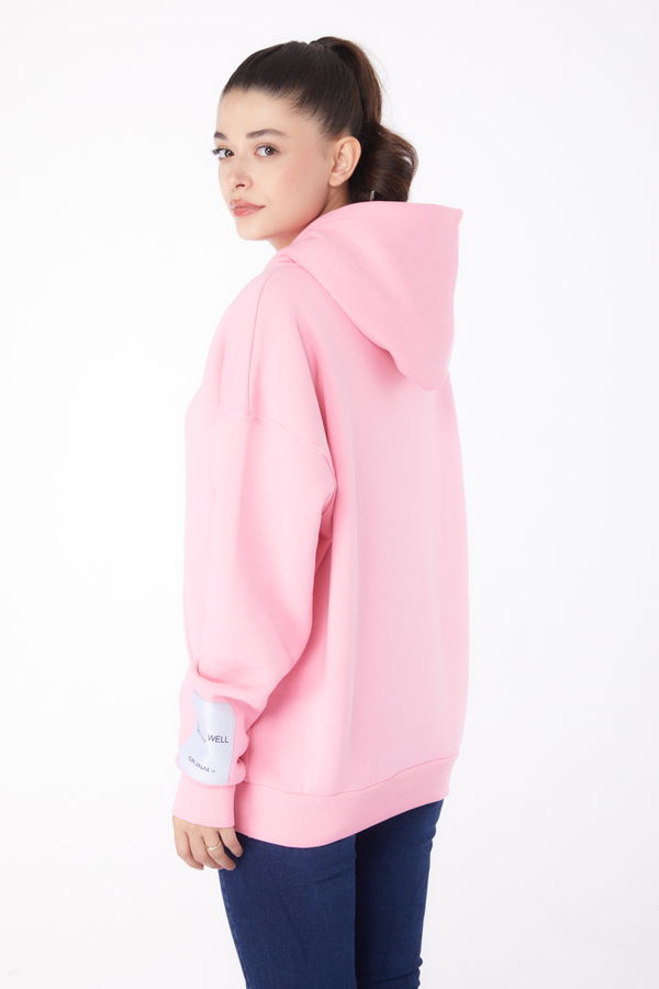 Düz Kapşonlu Yaka Kadın Pembe Kapşonlu Sweat  - 26219 PEMBE